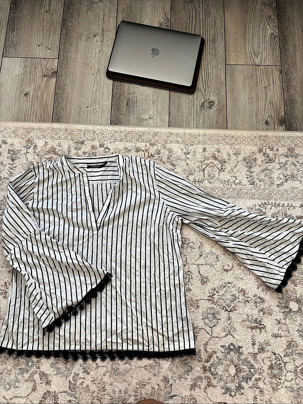 Lauren Ralph Lauren Striped Lace Trim Blouse in White & Black Size XL